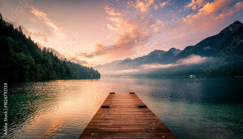 Wooden Pier Extending Into Calm Mountain Lake at Misty Sunrise

