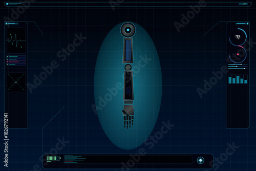 Futuristic heads-up display interface showing diagnostic data and a robotic prosthetic arm