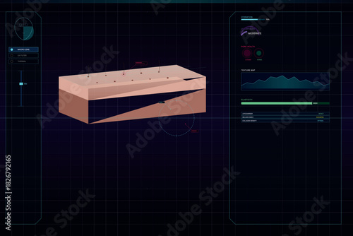 Futuristic skin analysis interface showing dermal layers and health metrics like hydration, elasticity, and UV exposure levels