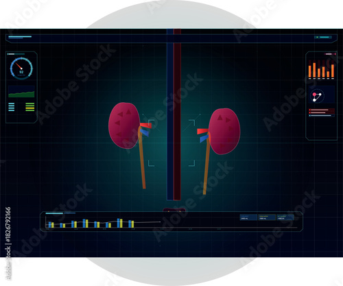 Futuristic medical interface displaying human kidney function and vital statistics