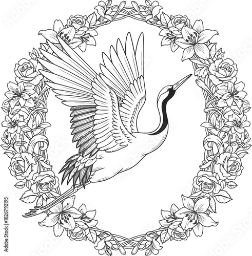 Elegant crane soars within a delicate floral wreath in a monochrome illustration
