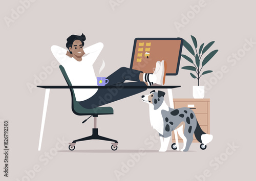 Person enjoys a break at their stylish desk, comfortably lounging with feet resting on the surface while sipping from a coffee cup, A monitor displays notifications in the background.