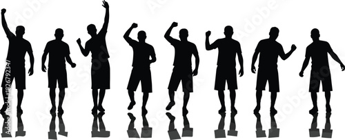 Energetic silhouettes of men celebrating success with raised arms, standing confidently in a row, expressing motivation, teamwork, victory, strength, and determination