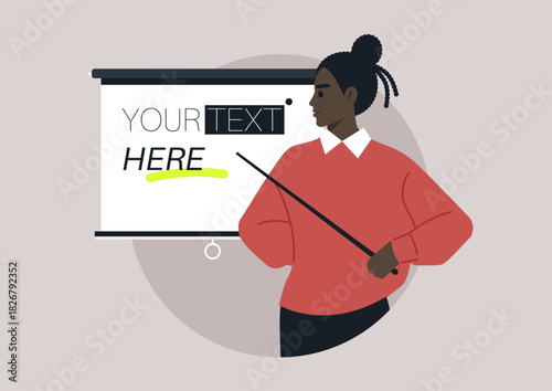 In a round lecture setting, a knowledgeable speaker stands with a pointer, highlighting important points on a presentation screen, captivating the audience's attention with clear ideas