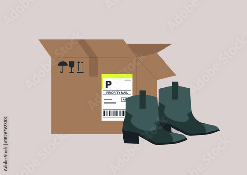 A cardboard box sits open, showcasing a pair of shiny cowboy boots beside it, ready for delivery, The vibrant package label highlights the excitement of new footwear arriving.