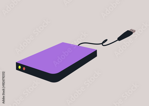 A vividly colored hard drive sits quietly on a desk, ready to charge and connect various tools, enhancing productivity in a vibrant workspace during daytime