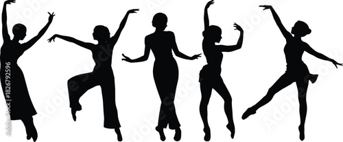 Graceful silhouette dancers performing expressive artistic ballet movements in elegant poses, showcasing beauty, balance, creativity, motion, flexibility, rhythm and contemporary dance art