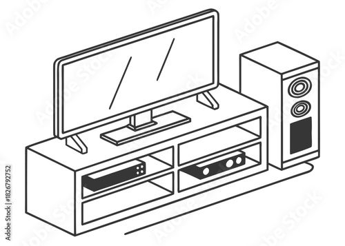 Modern living room setup featuring television, audio speaker, and media console evokes comfort and relaxation for home entertainment enthusiasts