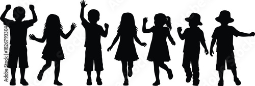 Playful silhouette group of happy children dancing and celebrating together outdoors, expressing joyful movement, fun energy, friendship, creativity, and childhood freedom