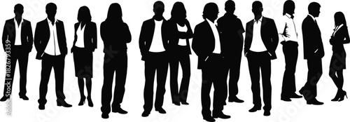 Professional business team silhouettes standing together in formal attire, diverse corporate group, teamwork, unity, leadership, office workforce illustration for branding