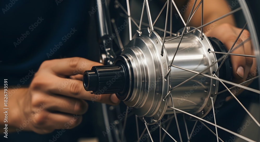 Fototapeta premium Close up of hands working on a bicycle wheel with silver spokes and a black hub in a workshop