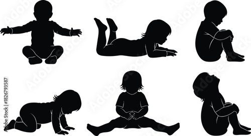 Silhouette collection of babies and toddlers in various sitting crawling and resting poses, expressing childhood development stages, early learning, innocence, and growth concepts