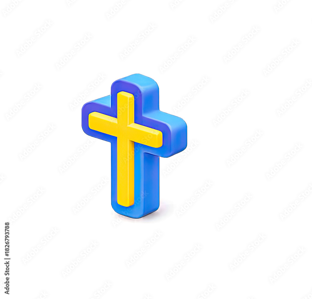 Obraz premium A blue and yellow 3D cross icon on a transparent background.
