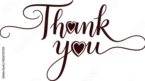 Elegant script 'Thank you' message with heart details, expressing gratitude and appreciation.