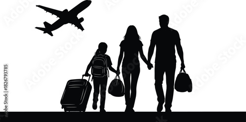 Silhouette family traveling together at airport with luggage, airplane flying overhead, parents and child walking hand in hand, tourism vacation journey scene