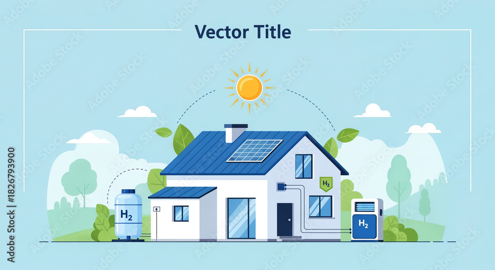Fototapeta premium Residential House with Green Hydrogen Energy System and Solar Panels Illustration