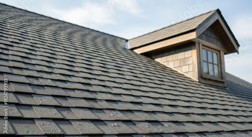 Close-up of modern residential house roof with dark asphalt shingles and a wooden dormer window against a bright sky, offering copy space.
