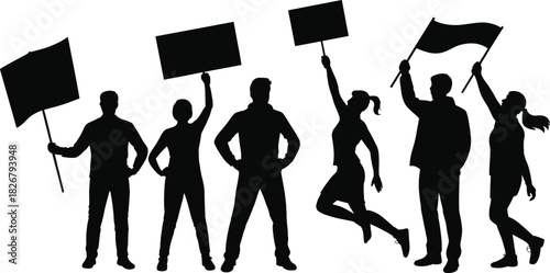 Silhouette group of diverse people holding protest signs and flags, demonstrating unity, activism, freedom of expression, social movement, public demonstration scene