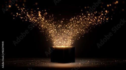 Open gift box with luminous particles surprise on black background, luxury and premium concept.