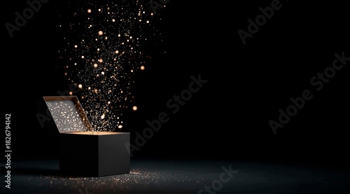 Open gift box with luminous particles surprise on black background, luxury and premium concept.