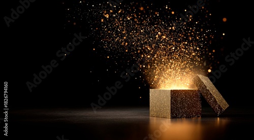 Open gift box with luminous particles surprise on black background, luxury and premium concept.