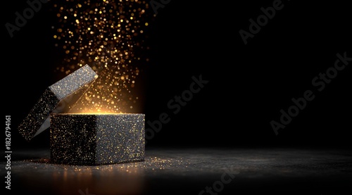 Open gift box with luminous particles surprise on black background, luxury and premium concept.