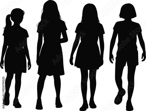 Silhouette group of young girls standing together, isolated on white background, unity, childhood friendship, diversity concept, strong community bond illustration