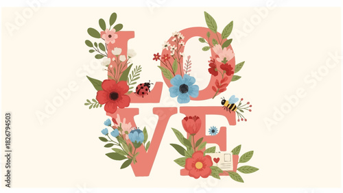 Decorative illustration of the word LOVE adorned with colorful flowers, leaves, a ladybug, and a bee on a light background.