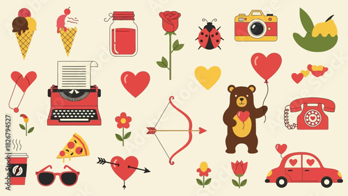 collection of flat design icons depicting various romantic and Valentine's Day themed