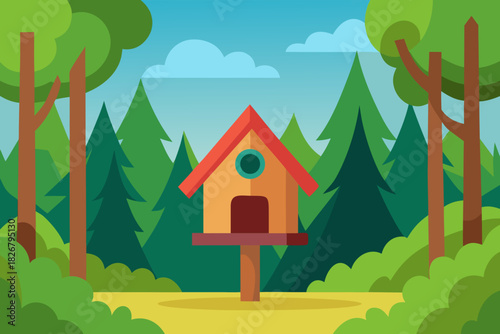 Cartoon birdhouse forest patch vector illustration