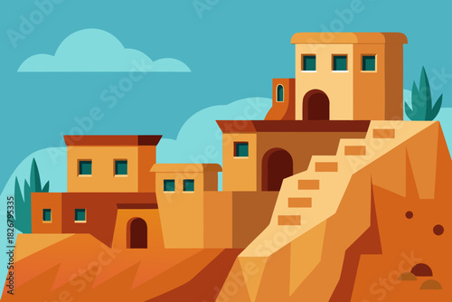 Cartoon cliffside desert homes vector illustration