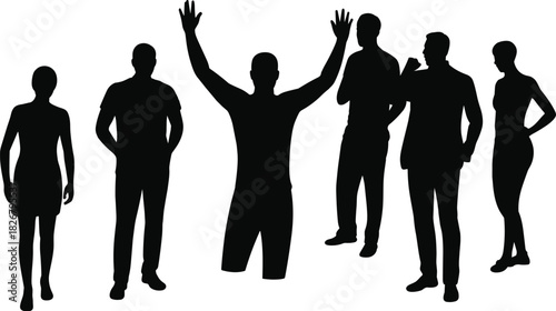 Silhouettes of diverse standing people and group figures isolated on white background showing unity teamwork communication human interaction concept illustration