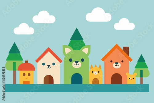 Cartoon tiny animal cottage row vector illustration