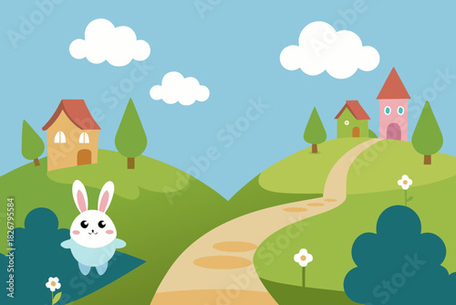 Cartoon bunny village trail vector illustration