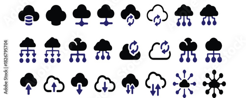 Cloud Computing, Data Storage, and Network Connection Vector Icon Set: Upload, Download, Sync, Database
