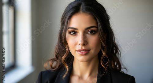 Stunning professional stock image featuring a beautiful young woman with elegant dark hair and a sincere, engaging expression.