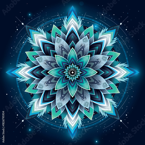 Stellar Bloom – Mandala of Clarity and Cosmos. A radiant mandala with pointed teal petals and floral center. Star-like geometry evokes cosmic harmony, depth, and spiritual focus.