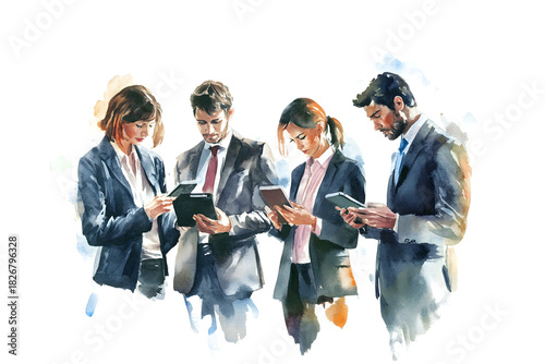 Business Professionals Standing Together Using Digital Tablets – Watercolor Illustration
