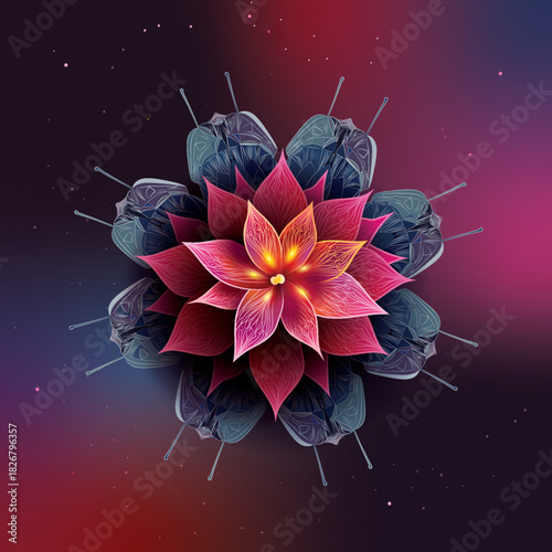 Nebula Bloom  Mandala of Spirit and Motion. A radiant lotus with glowing petals in red, pink, and purple. Flame-like energy and cosmic clouds evoke spiritual awakening and celestial motion.