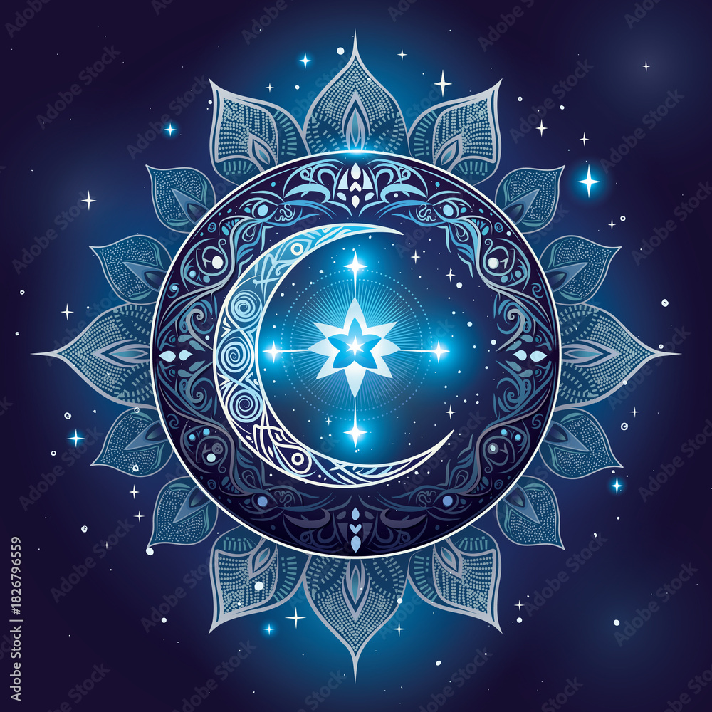 Fototapeta premium Lunar Bloom – Mandala of Celestial Harmony. A celestial mandala with crescent moon and radiant star at its heart. Deep blue tones and lotus layers evoke cosmic balance, serenity, and spiritual depth. 