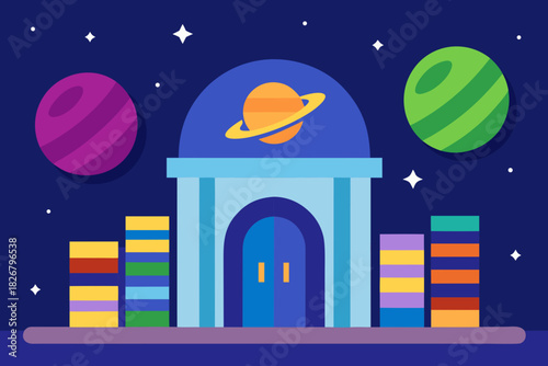 Cartoon cosmic library hall vector illustration