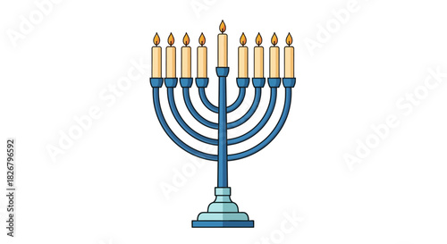 A detailed illustration of a traditional Jewish menorah with candles.