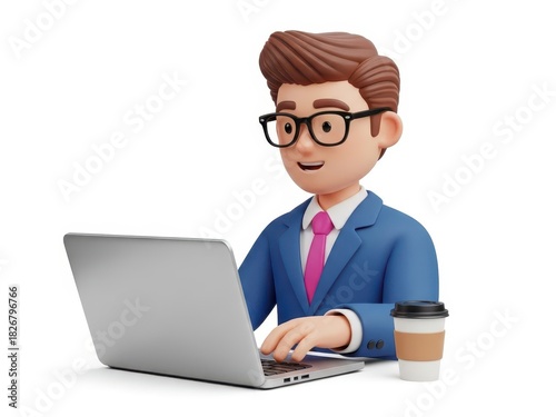 3d cartoon businessman character wearing glasses working on laptop computer with coffee cup isolated on white background