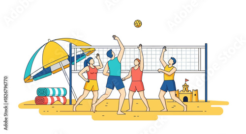 Beach Volleyball Game with Players and Sandcastle Illustration.