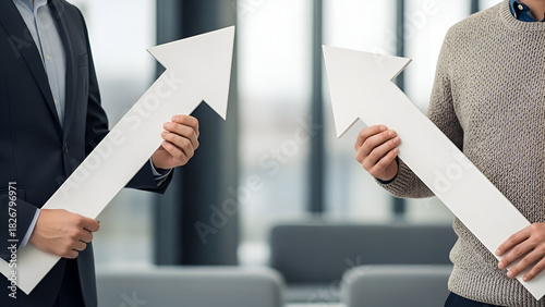 Two business professionals holding upward pointing arrows symbolizing growth and success in a bright office, showcasing teamwork and positive financial trends