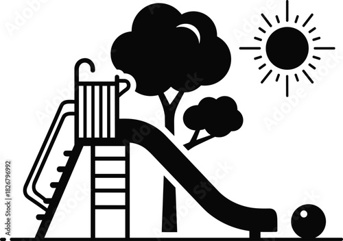 Sunny playground scene with slide, trees, and ball in minimalist vector style ideal for kids outdoor recreation themes and creative design