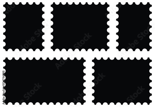 Black postage stamp. Set of blank rectangle and square Postage stamp frames. Postage icon. Mockup postage stamps.