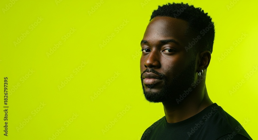 Fototapeta premium Closeup portrait of a young black man with a beard, looking to the side against a vibrant lime green background