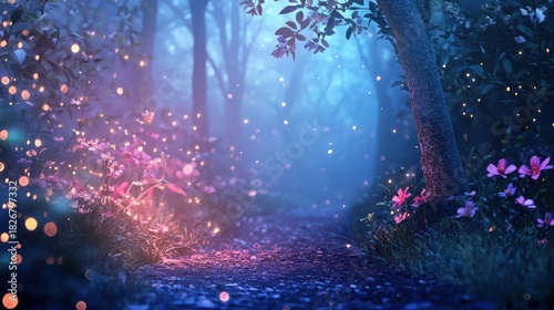 Enchanted forest path in mystic blue light with glowing fireflies and magic flowers, creating a fantasy dreamscape effect for a tranquil journey at night