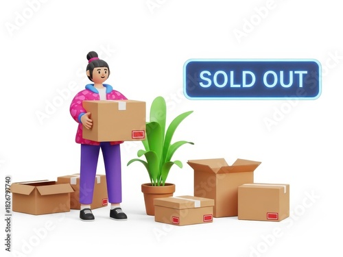 3d character woman holding cardboard box near plant and sold out sign isolated on white background